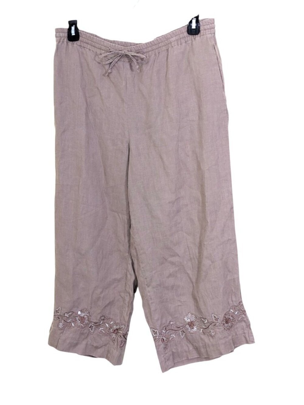 Coldwater Creek Womens M Linen Wide Leg Floral Embroidered Hem Pull On Pants Tan